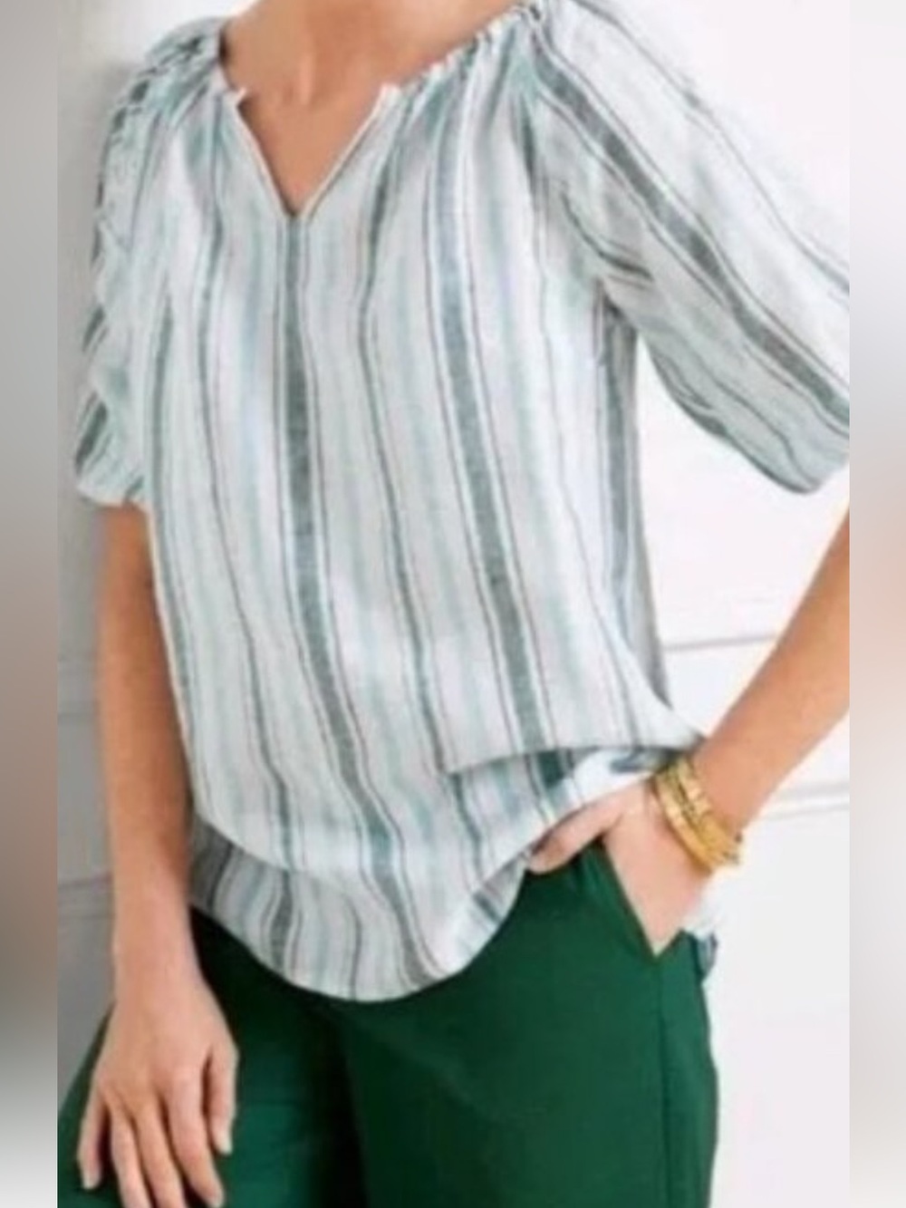 NWT Talbots Striped V-Neck Blouse in Mint and White SZ M